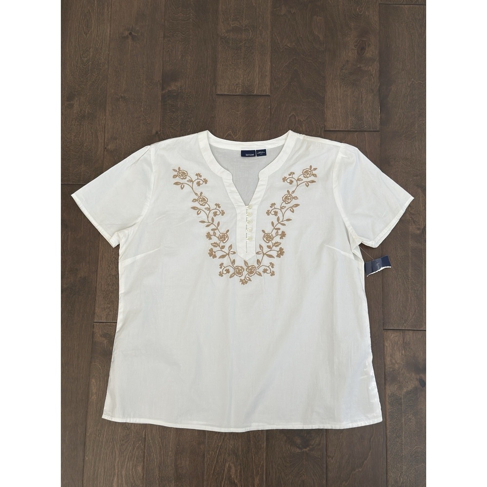 Basic Editions Women's Blouse Size L White Black‎ Floral Embroidery Cotton Shirt